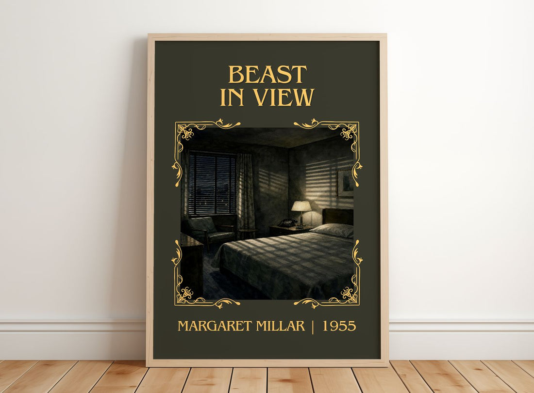 Beast In View Classic Book Art Print by Margaret Millar – framed print leaning on a wooden floor