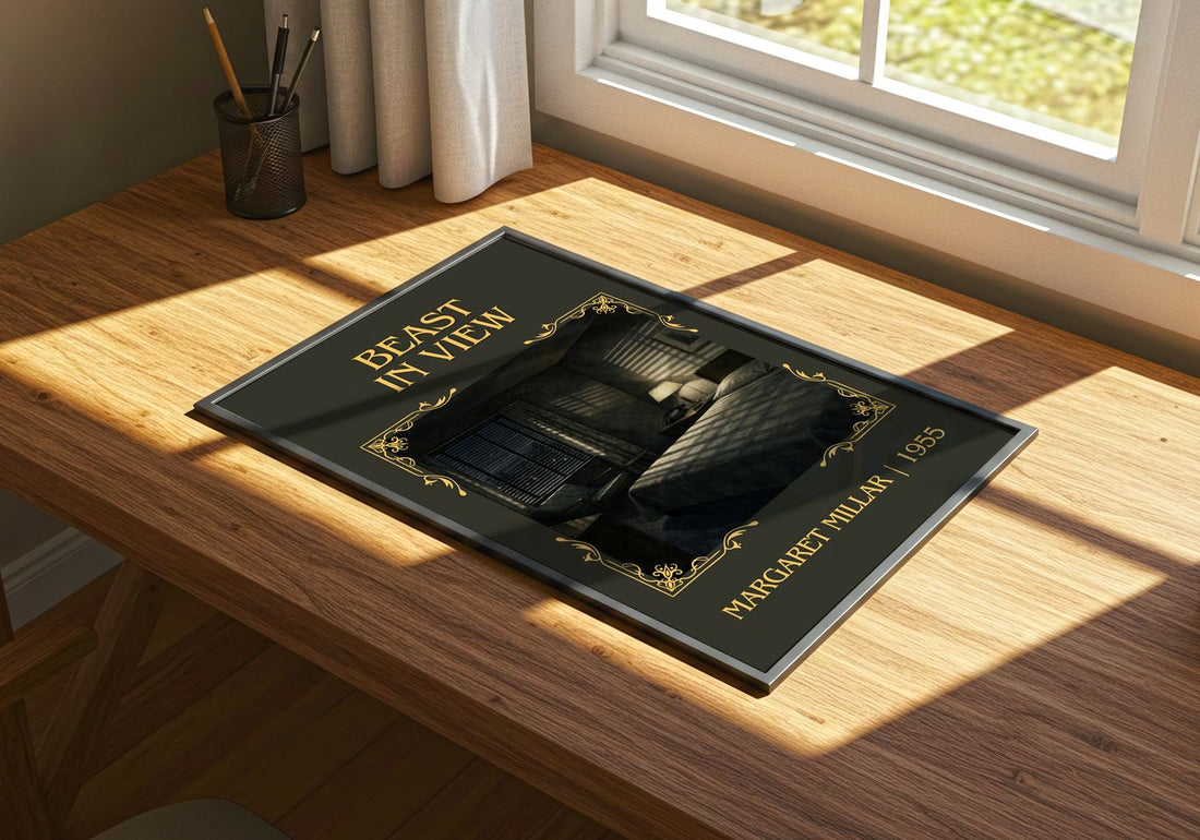 Beast In View Classic Book Art Print by Margaret Millar – print on a sunlit desk