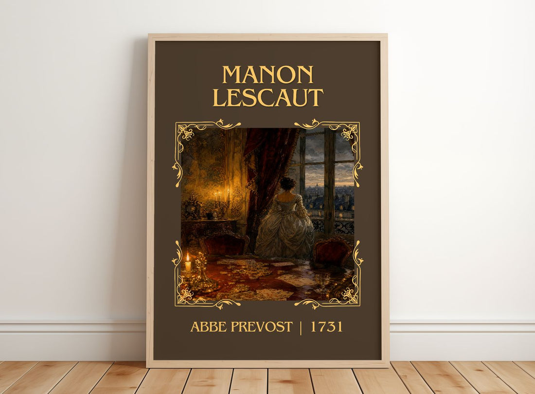 Manon Lescaut Classic Book Art Print by Abbe Prevost – framed print leaning on a wooden floor