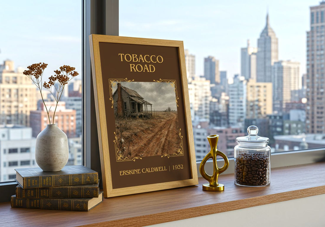 Tobacco Road Classic Book Art Print by Erskine Caldwell – framed print on a city-view windowsill