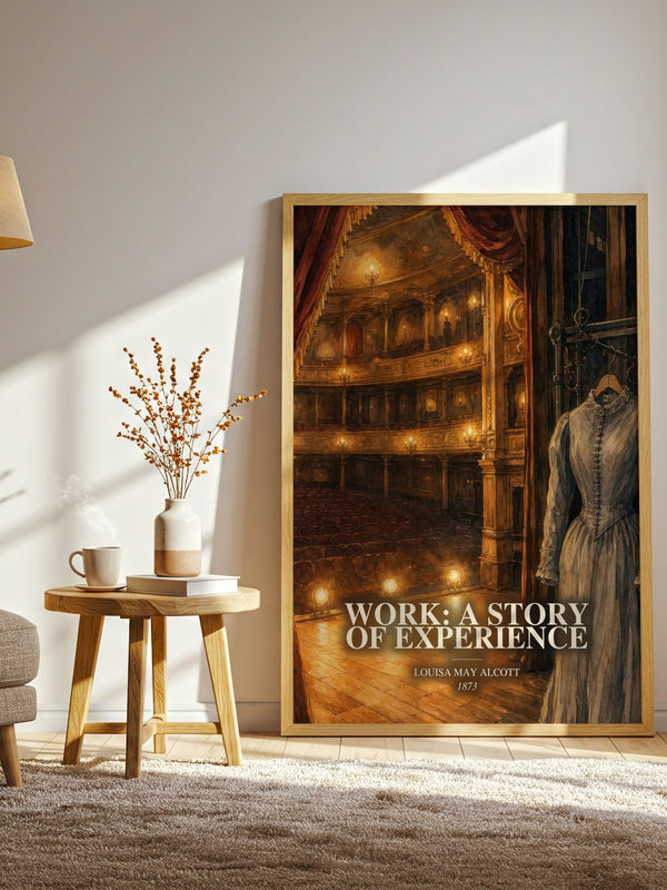 Work: A Story Of Experience watercolour print in frame leaning in hallway – literary fiction wall art