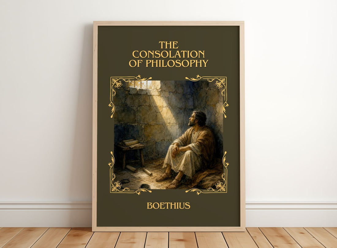 The Consolation of Philosophy Classic Book Art Print by Boethius – framed print leaning on a wooden floor