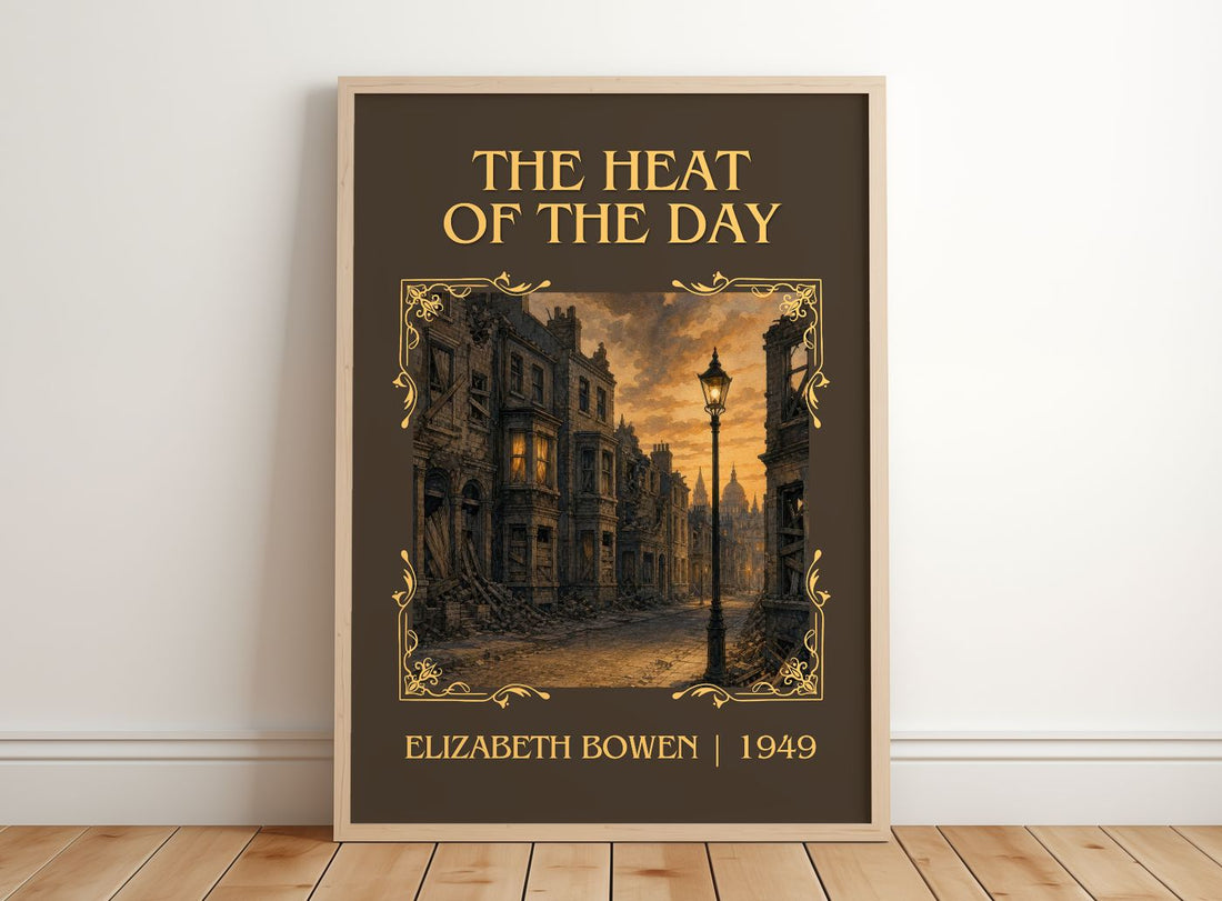 The Heat of the Day Classic Book Art Print by Elizabeth Bowen – framed print leaning on a wooden floor