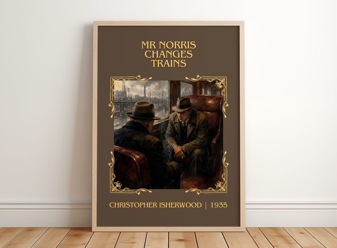 Mr Norris Changes Trains Classic Book Art Print by C. Isherwood – framed print leaning on a wooden floor