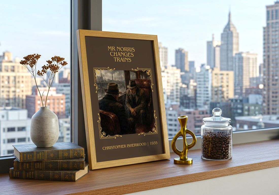 Mr Norris Changes Trains Classic Book Art Print by C. Isherwood – framed print on a city-view windowsill