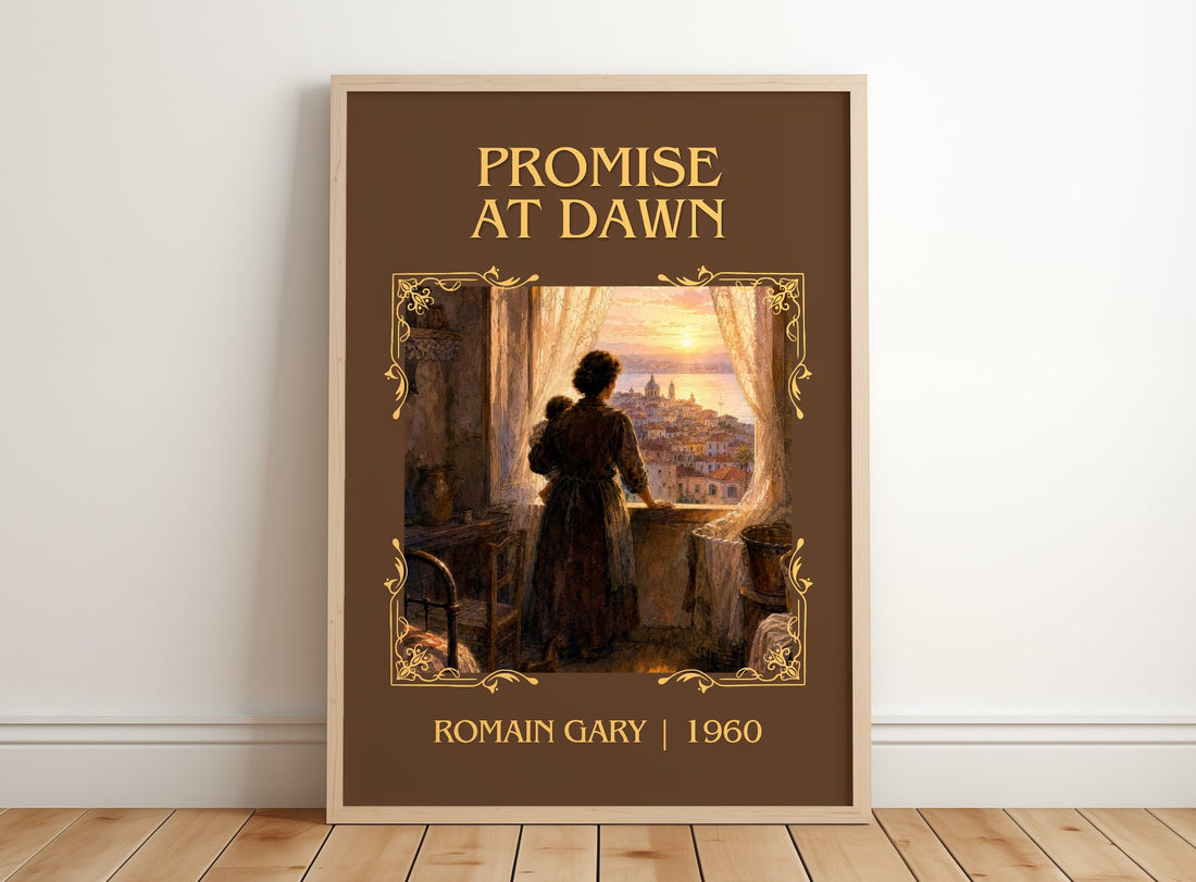 Promise at Dawn Classic Book Art Print by Romain Gary – framed print leaning on a wooden floor