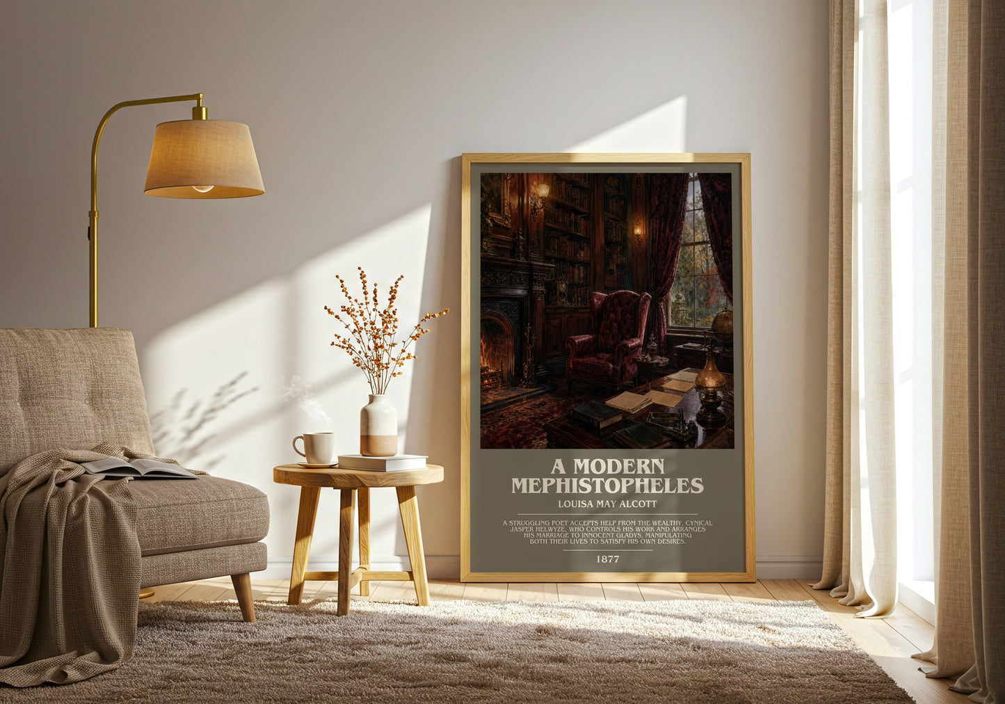 A Modern Mephistopheles bookish print on bookshelf – Louisa May Alcott fan gift