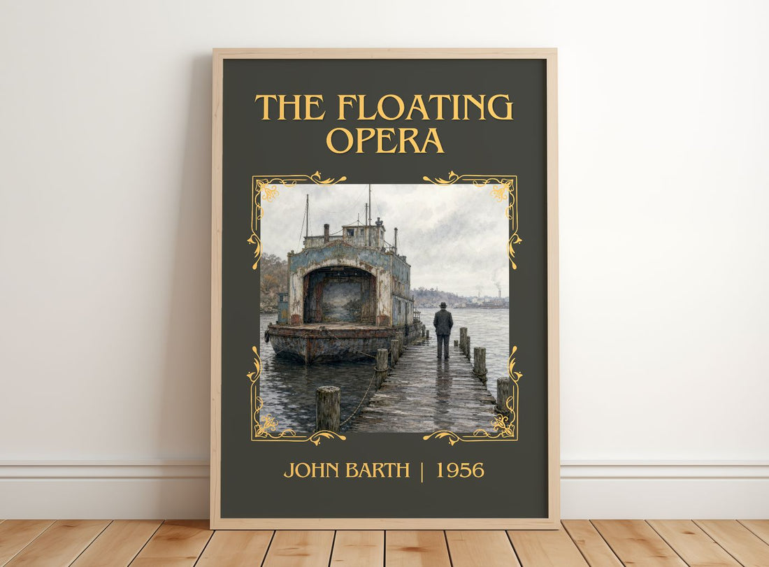 The Floating Opera Classic Book Art Print by John Barth – framed print leaning on a wooden floor