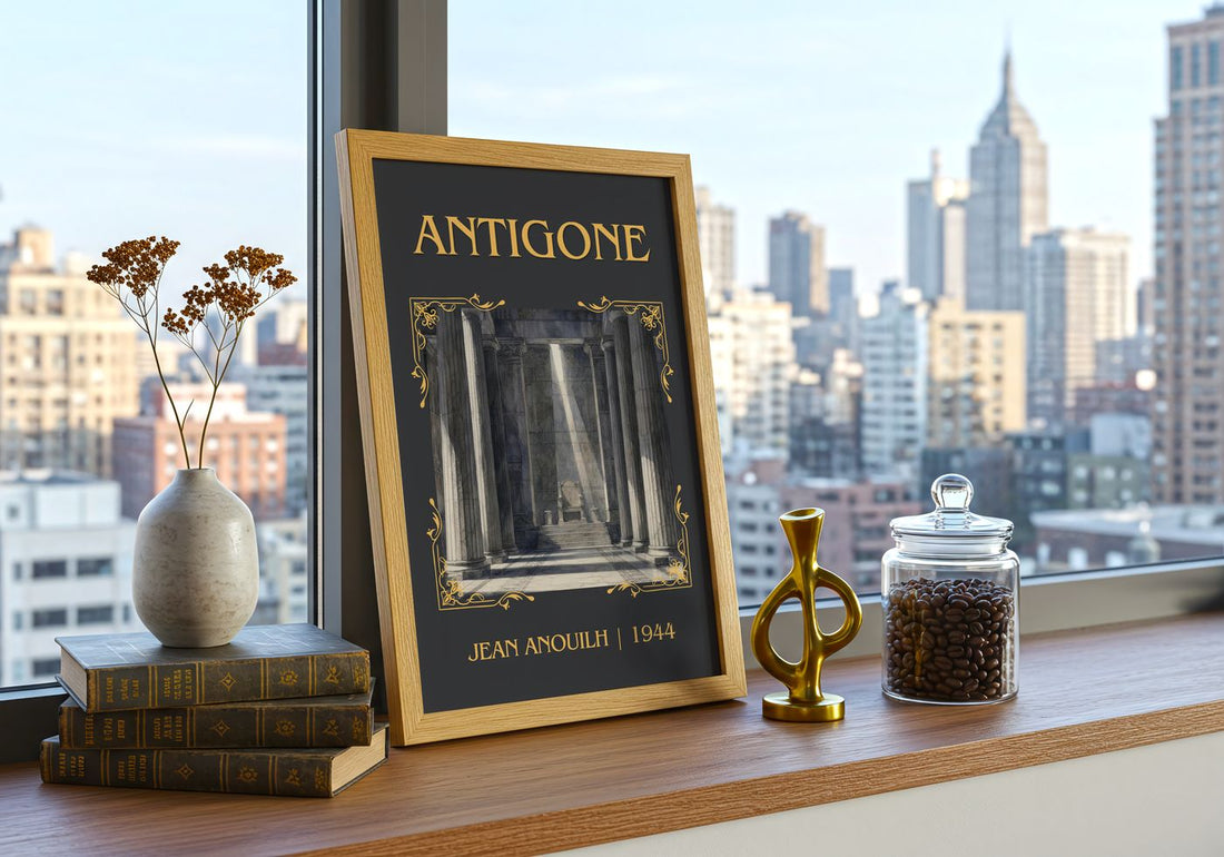 Antigone Classic Book Art Print by Jean Anouilh – framed print on a city-view windowsill