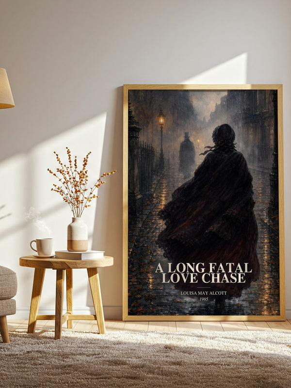 A Long Fatal Love Chase watercolour print in frame leaning in hallway – gothic wall art