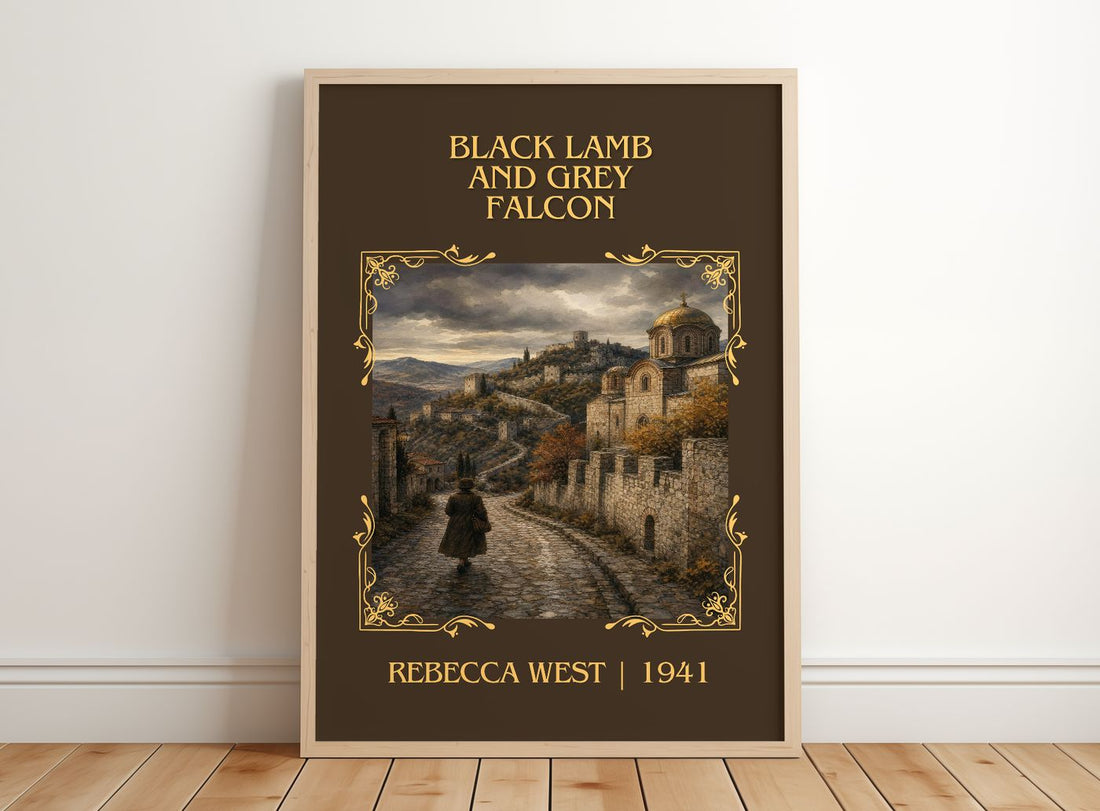 Black Lamb and Grey Falcon Classic Book Art Print by Rebecca West – framed print leaning on a wooden floor