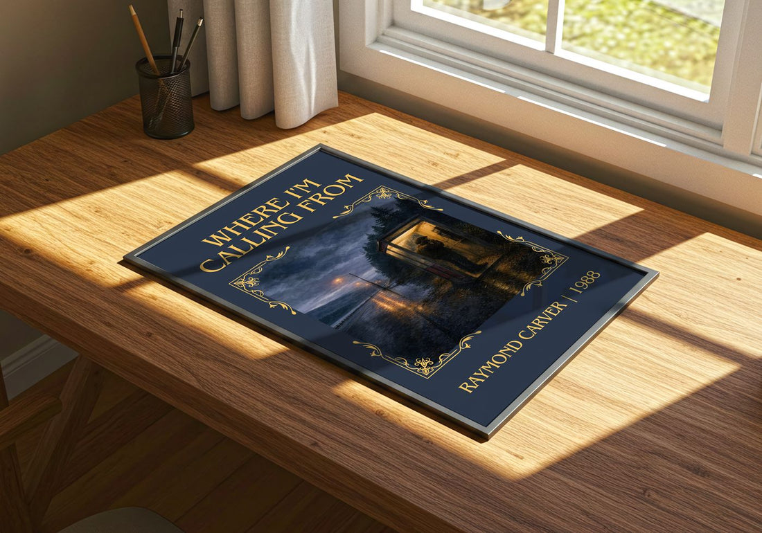 Where I'm Calling From Classic Book Art Print by Raymond Carver – print on a sunlit desk