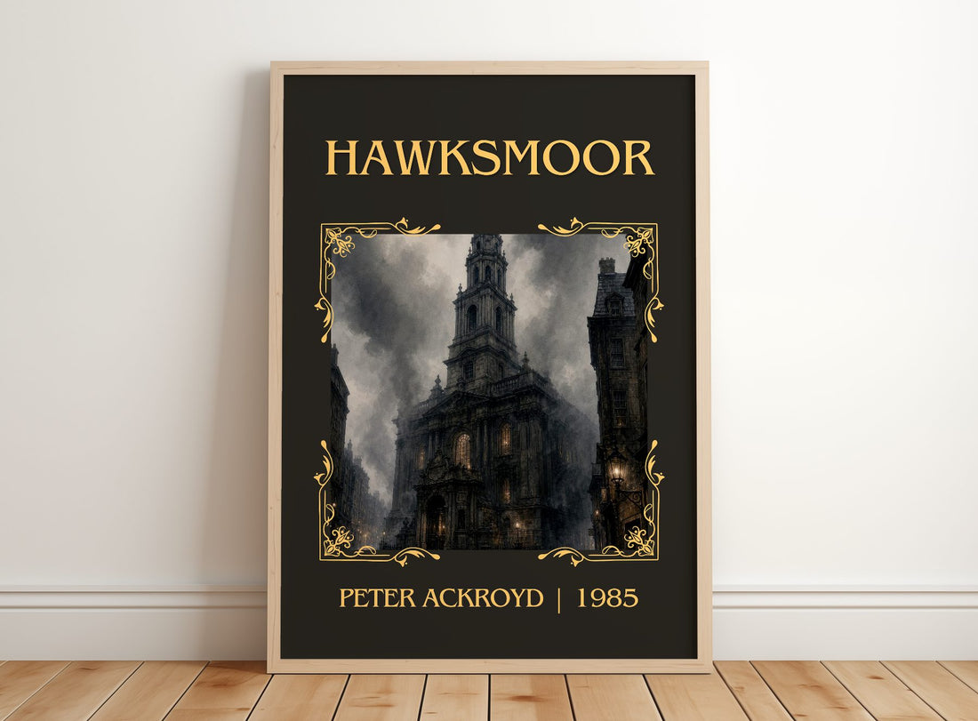 Hawksmoor Classic Book Art Print by Peter Ackroyd – framed print leaning on a wooden floor
