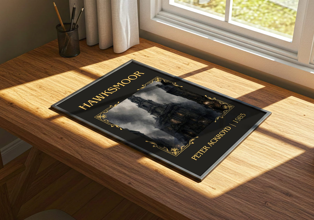 Hawksmoor Classic Book Art Print by Peter Ackroyd – print on a sunlit desk