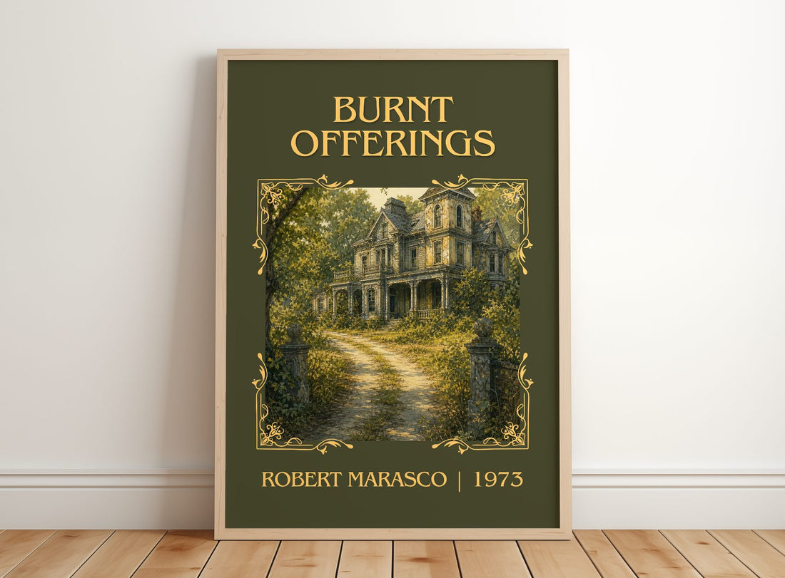 Burnt Offerings Classic Book Art Print by Robert Marasco – framed print leaning on a wooden floor