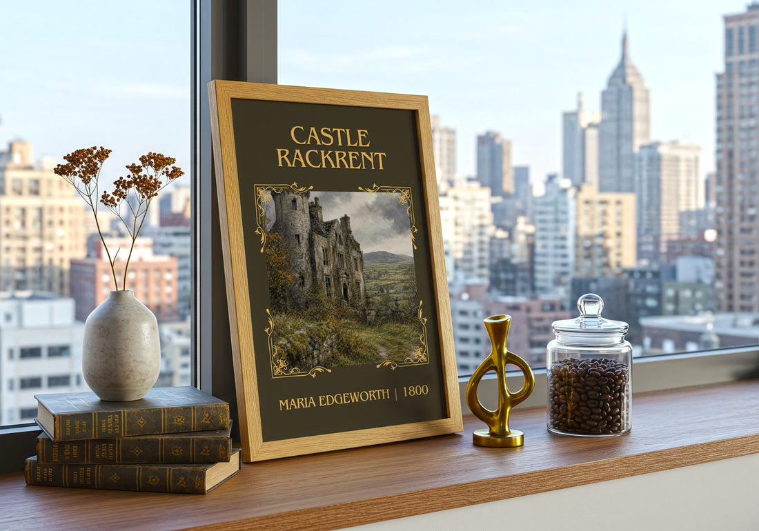 Castle Rackrent Classic Book Art Print by Maria Edgeworth – framed print on a city-view windowsill
