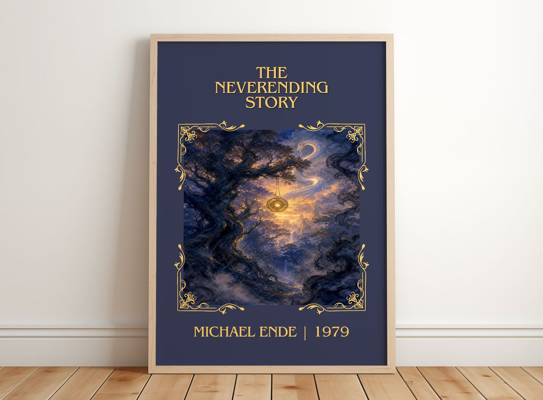 The Neverending Story Classic Book Art Print by Michael Ende – framed print leaning on a wooden floor