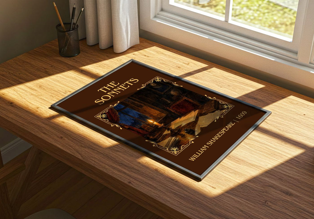 The Sonnets Classic Book Art Print by William Shakespeare – print on a sunlit desk