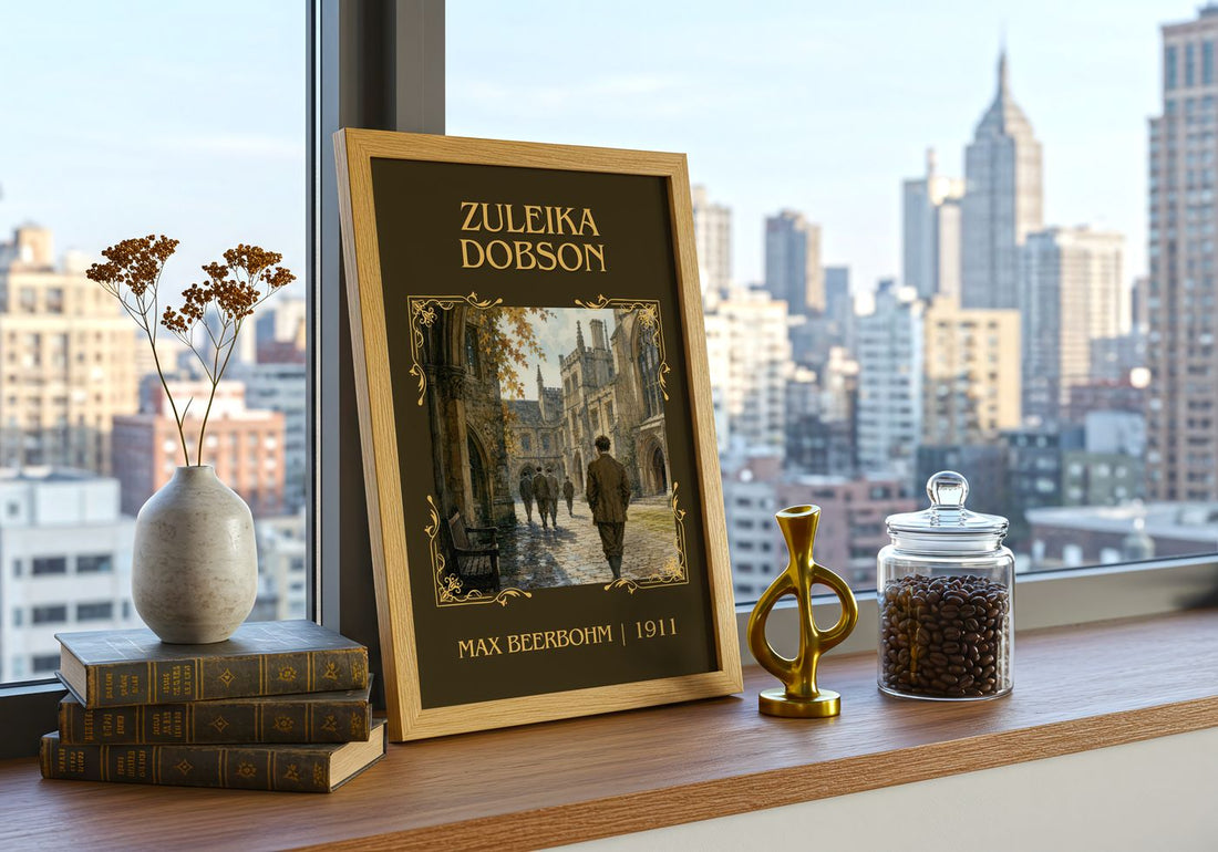 Zuleika Dobson Classic Book Art Print by Max Beerbohm – framed print on a city-view windowsill