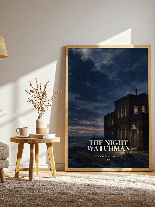 The Night Watchman watercolour print in frame leaning in hallway – literary fiction wall art