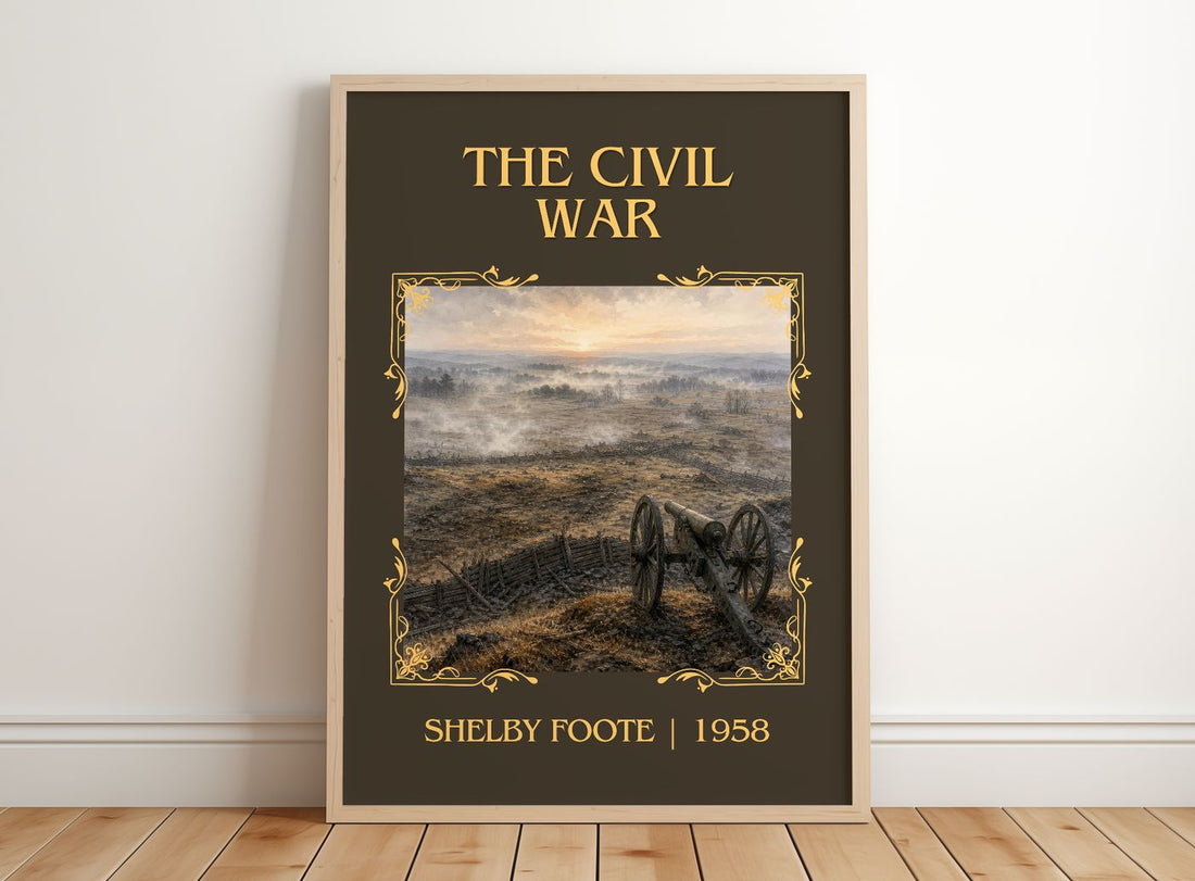 The Civil War Classic Book Art Print by Shelby Foote – framed print leaning on a wooden floor