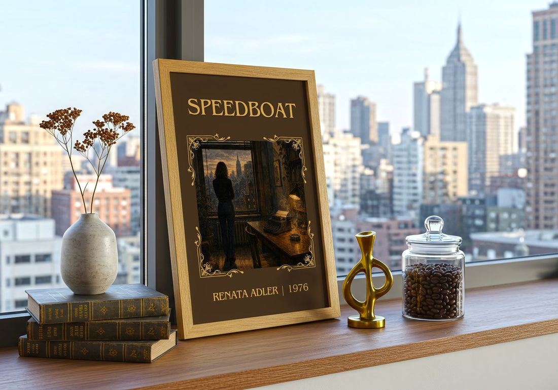 Speedboat Classic Book Art Print by Renata Adler – framed print on a city-view windowsill
