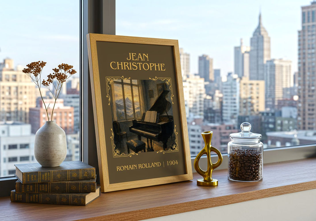 Jean Christophe Classic Book Art Print by Romain Rolland – framed print on a city-view windowsill