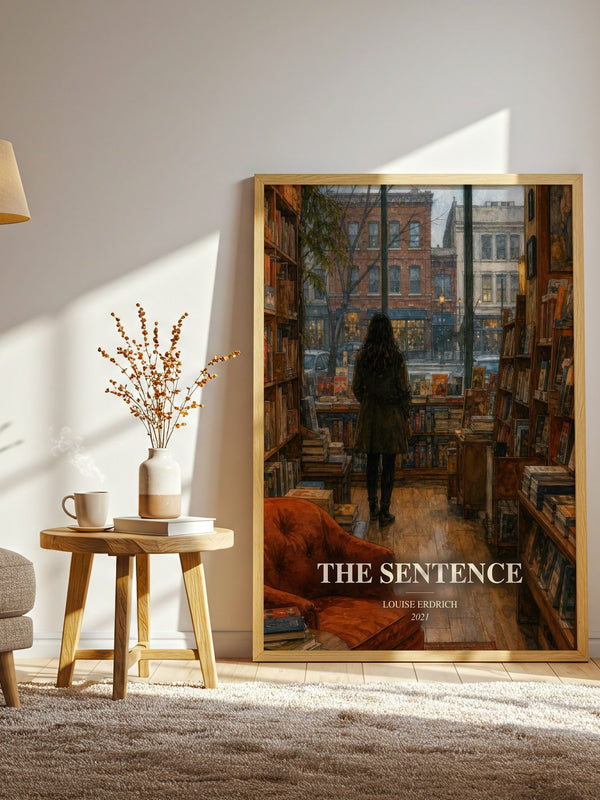 The Sentence watercolour print in frame leaning in hallway – literary fiction wall art