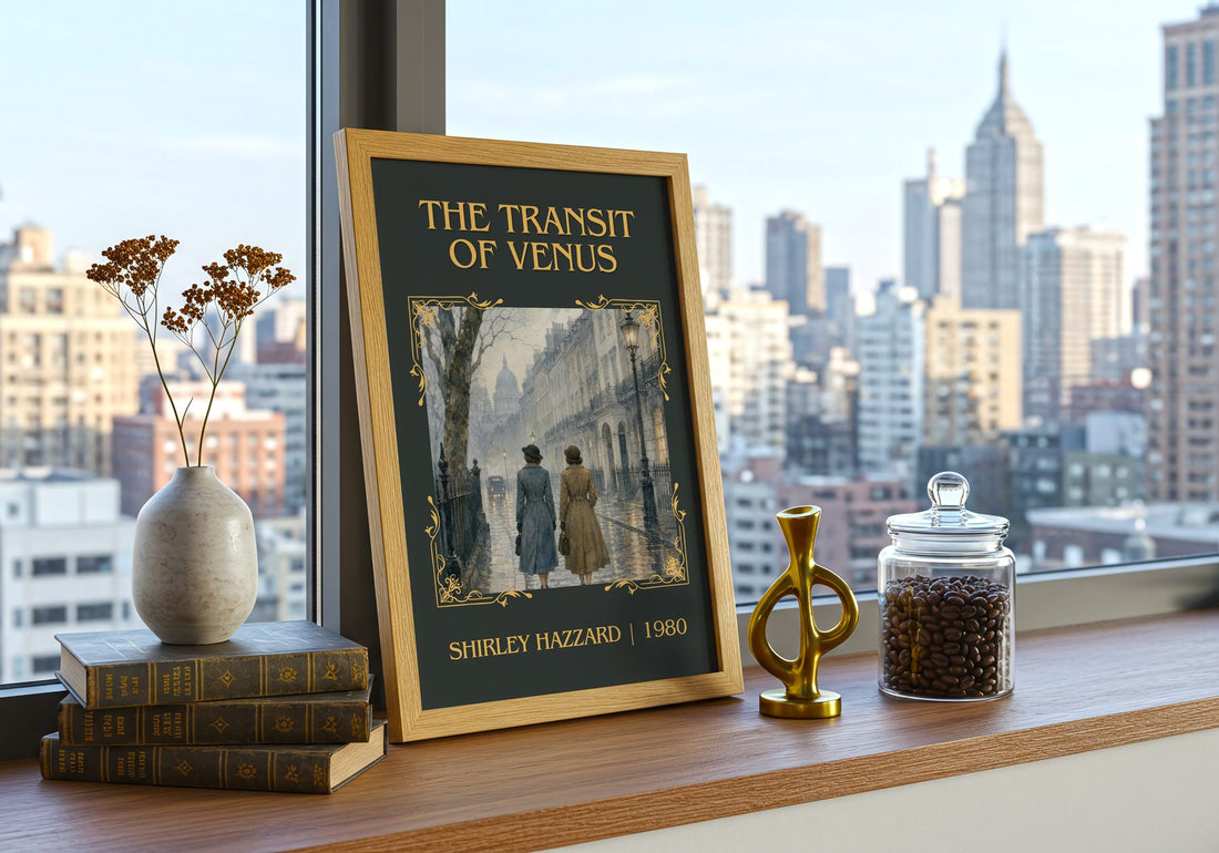 The Transit of Venus Classic Book Art Print by Shirley Hazzard – framed print on a city-view windowsill