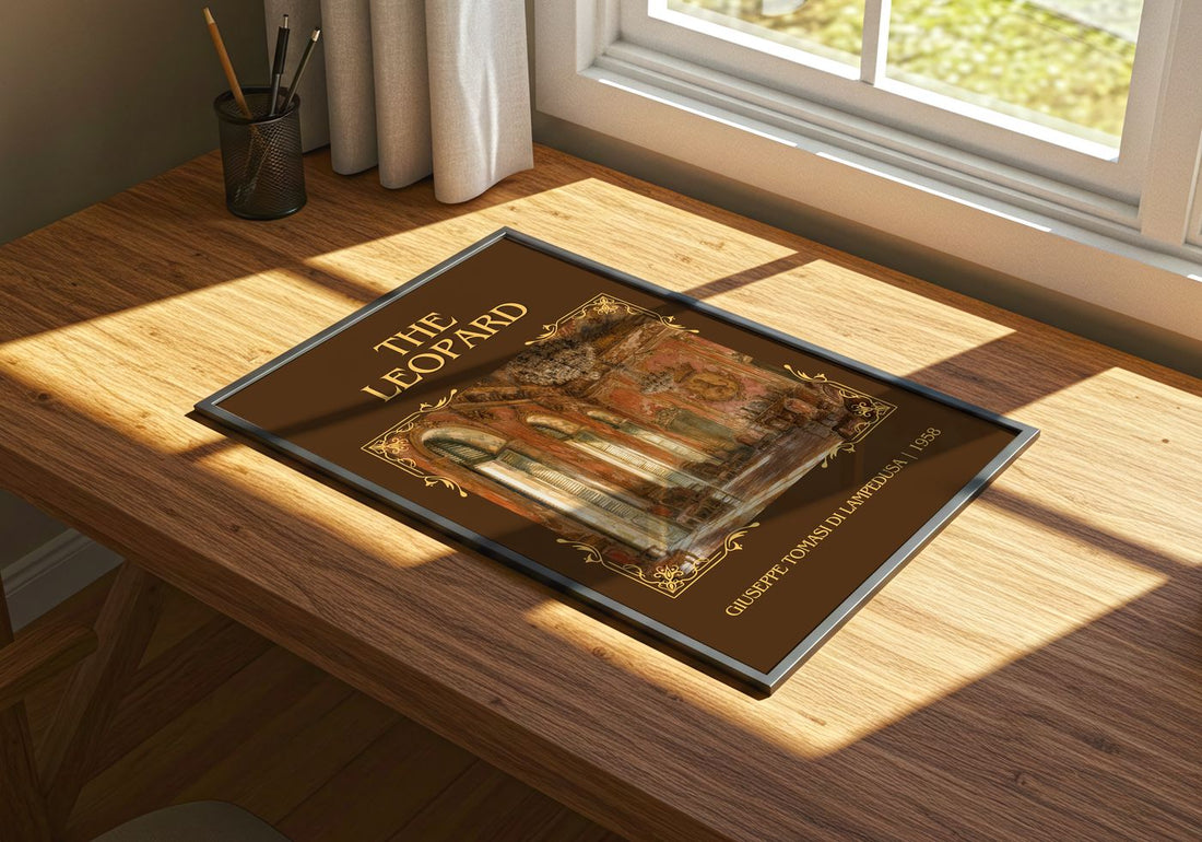 The Leopard Classic Book Art Print by Giuseppe Tomasi di Lampedusa – print on a sunlit desk