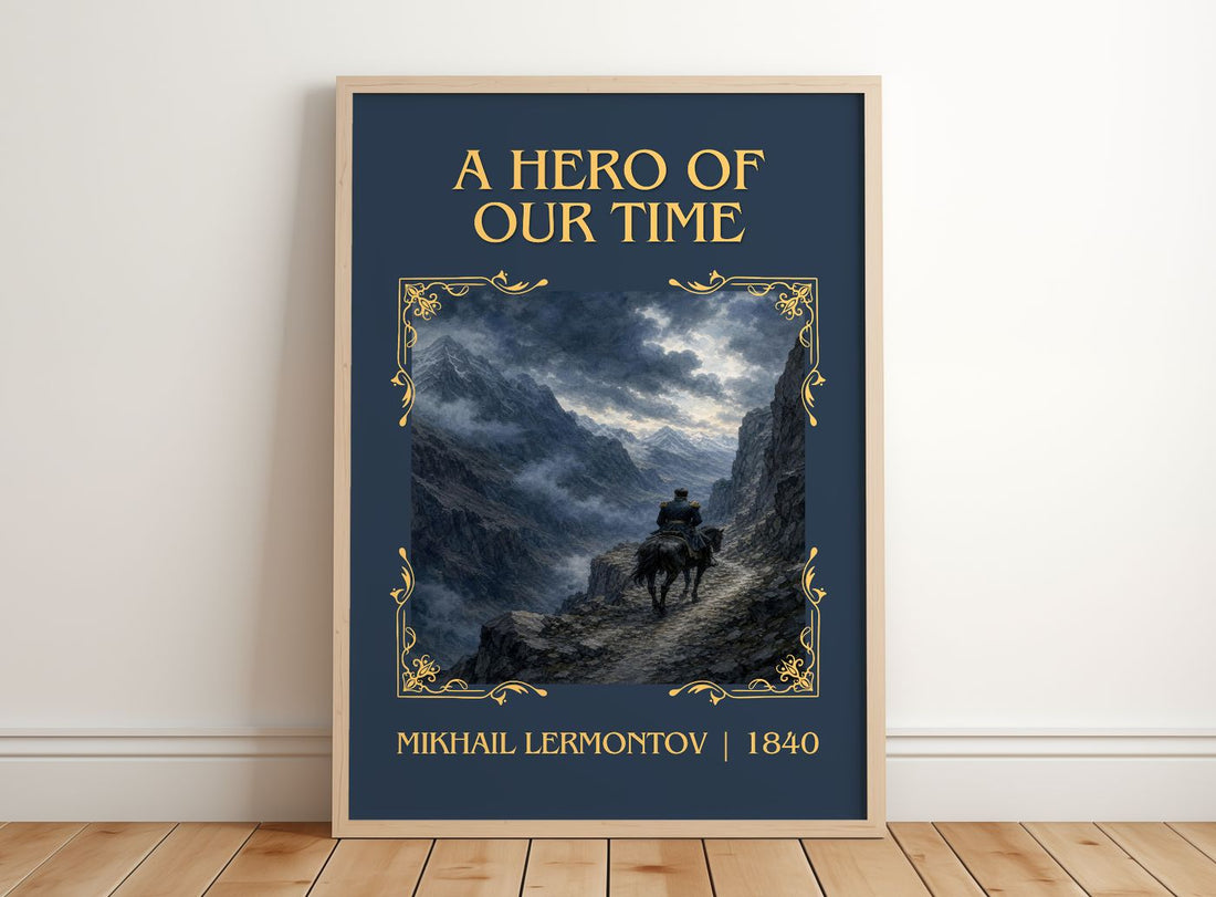 A Hero of Our Time Classic Book Art Print by Mikhail Lermontov – framed print leaning on a wooden floor