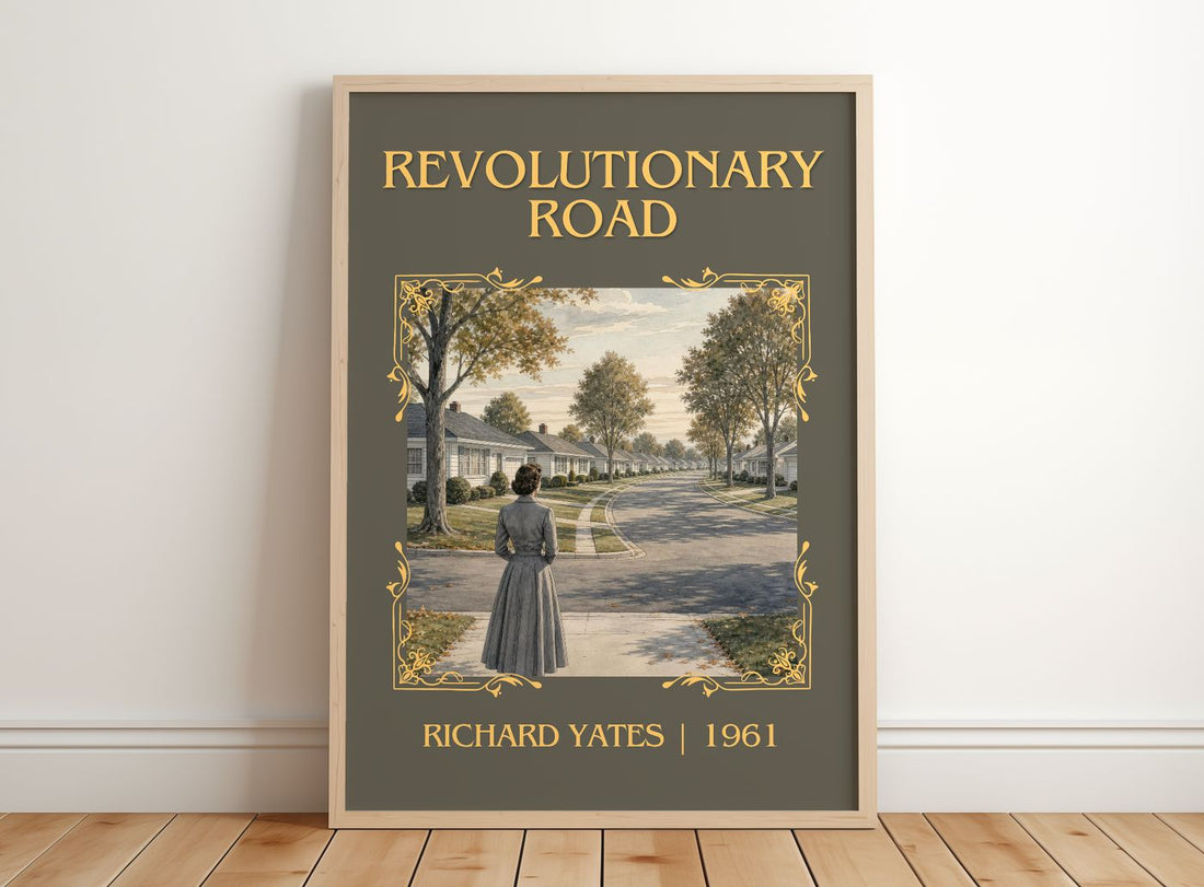 Revolutionary Road Classic Book Art Print by Richard Yates – framed print leaning on a wooden floor