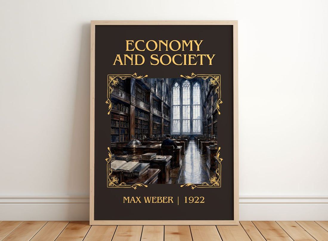 Economy and Society Classic Book Art Print by Max Weber – framed print leaning on a wooden floor