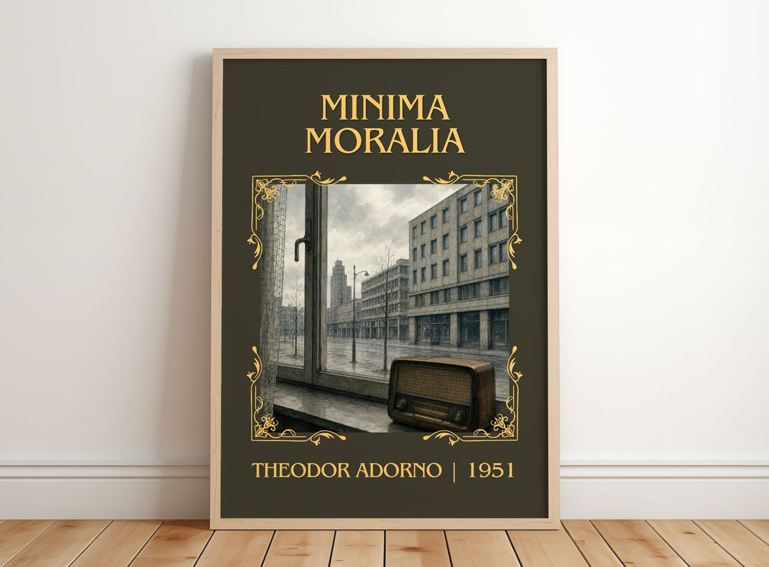 Minima Moralia Classic Book Art Print by Theodor Adorno – framed print leaning on a wooden floor