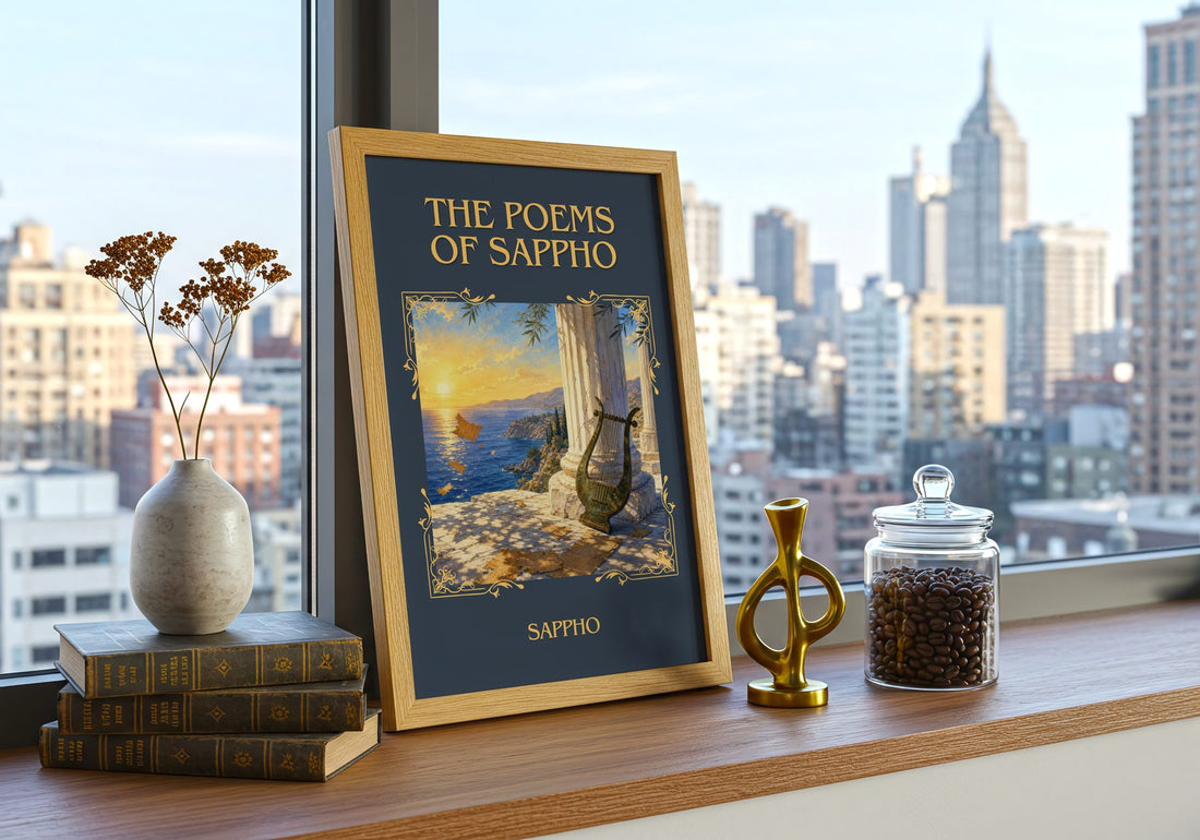 The Poems of Sappho Classic Book Art Print by Sappho – framed print on a city-view windowsill
