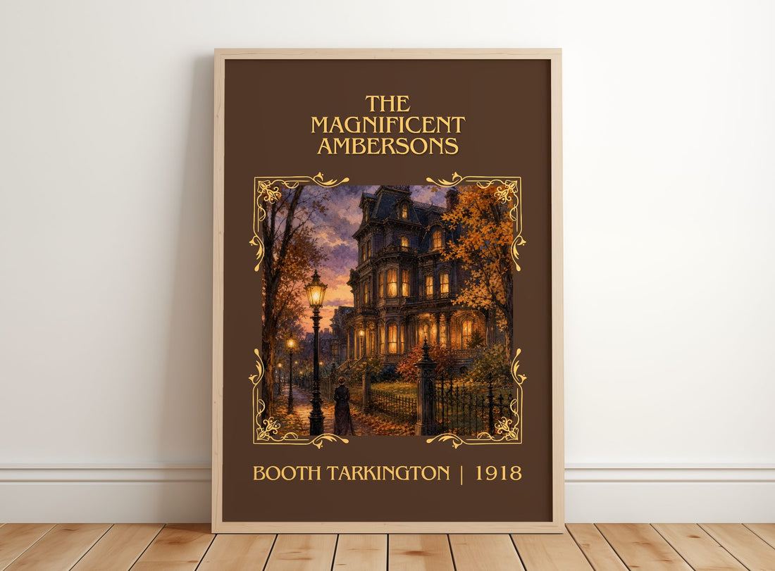 The Magnificent Ambersons Classic Book Art Print by Booth Tarkington – framed print leaning on a wooden floor