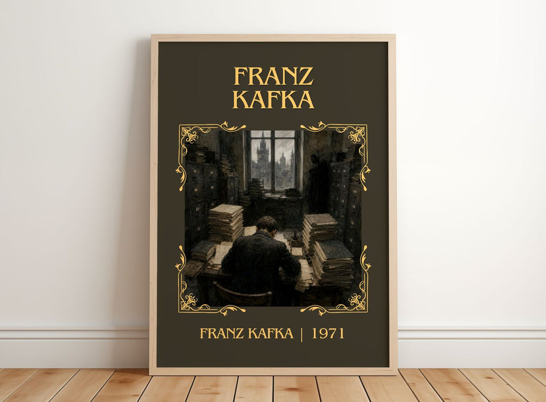 Franz Kafka Classic Book Art Print by Franz Kafka – framed print leaning on a wooden floor