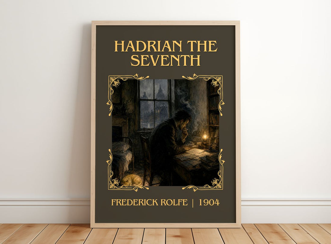 Hadrian the Seventh Classic Book Art Print by Frederick Rolfe – framed print leaning on a wooden floor