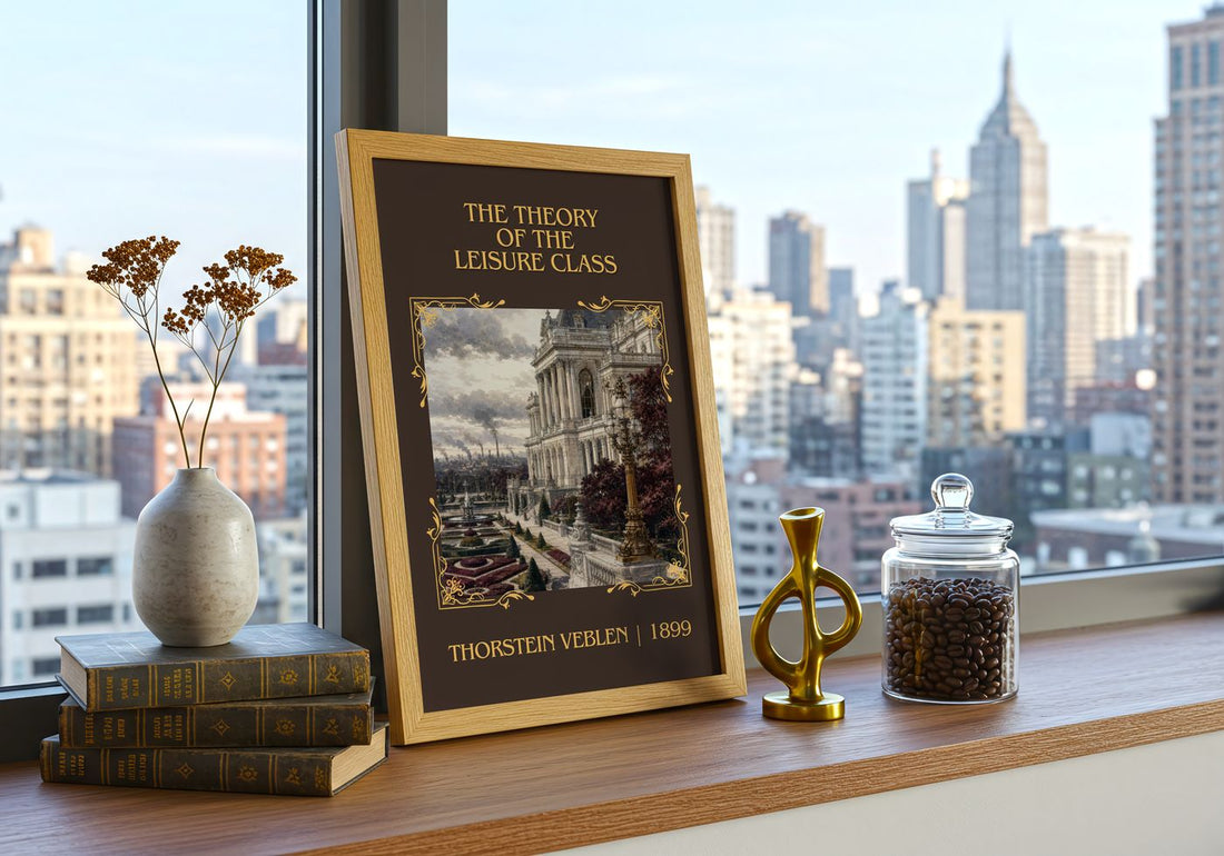 Theory of the Leisure Class Classic Book Art Print by Thorstein Veblen – framed print on a city-view windowsill