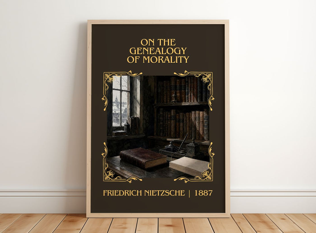 On the Genealogy of Morality Classic Book Art Print by F. Nietzsche – framed print leaning on a wooden floor