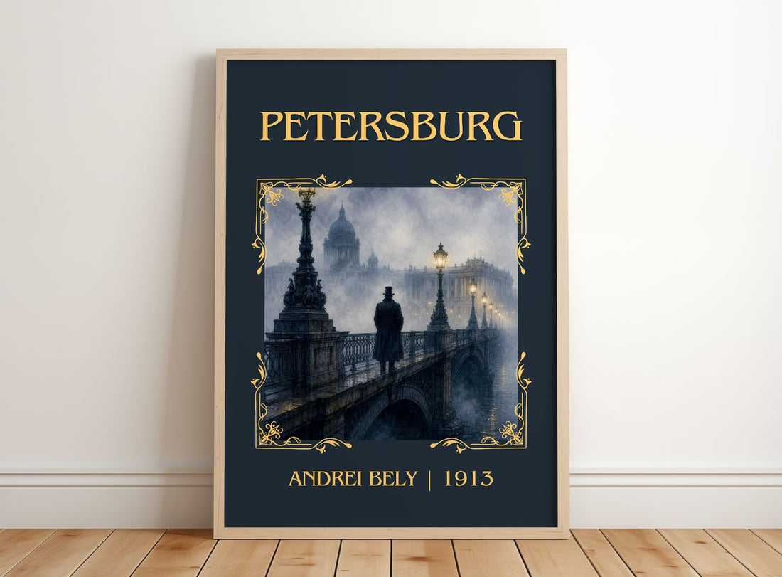 Petersburg Classic Book Art Print by Andrei Bely – framed print leaning on a wooden floor