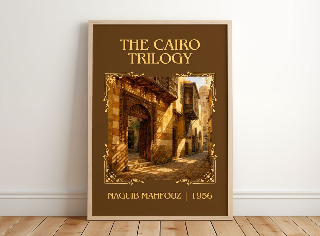 The Cairo Trilogy Classic Book Art Print by Naguib Mahfouz – framed print leaning on a wooden floor