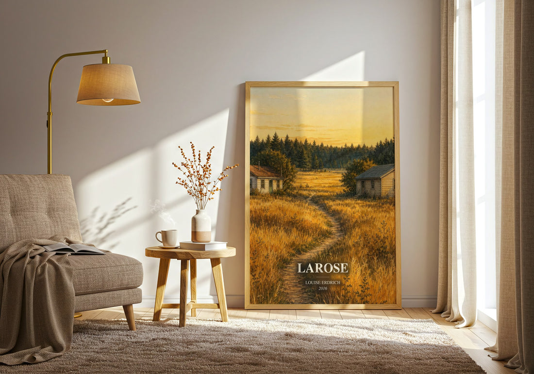 Larose watercolour print in frame leaning in hallway – literary fiction wall art (mockup)