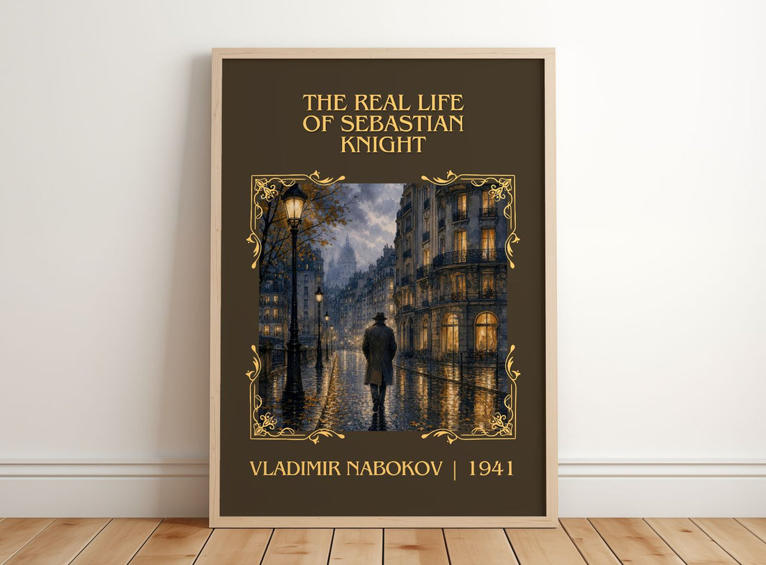 Real Life of Sebastian Knight Classic Book Art Print by V. Nabokov – framed print leaning on a wooden floor