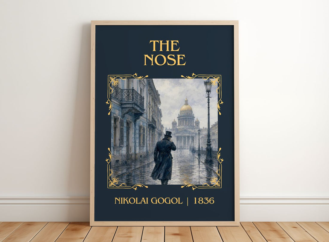 The Nose Classic Book Art Print by Nikolai Gogol – framed print leaning on a wooden floor