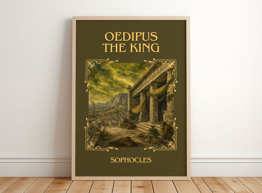 Oedipus the King Classic Book Art Print by Sophocles – framed print leaning on a wooden floor