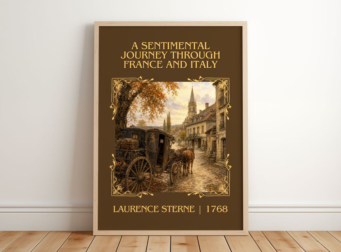 A Sentimental Journey Through France and Italy Classic Book Art Print by Laurence Sterne – framed print leaning on a wooden floor