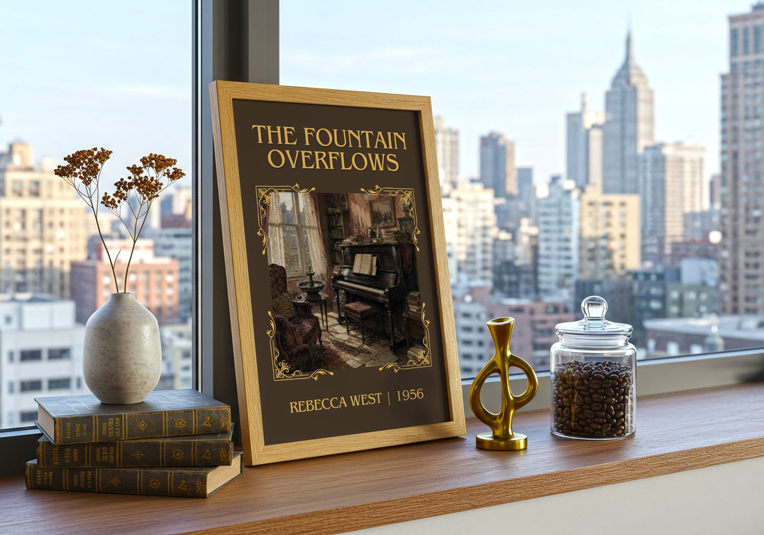 The Fountain Overflows Classic Book Art Print by Rebecca West – framed print on a city-view windowsill