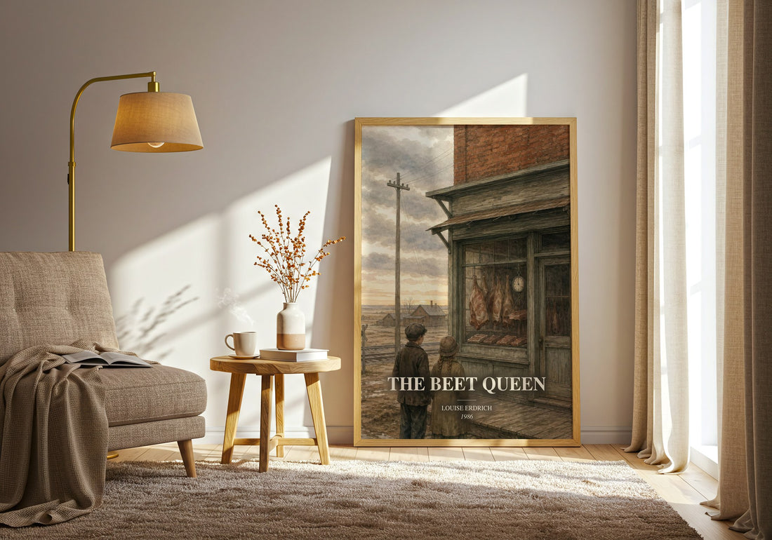 The Beet Queen watercolour print in frame leaning in hallway – literary fiction wall art (mockup)