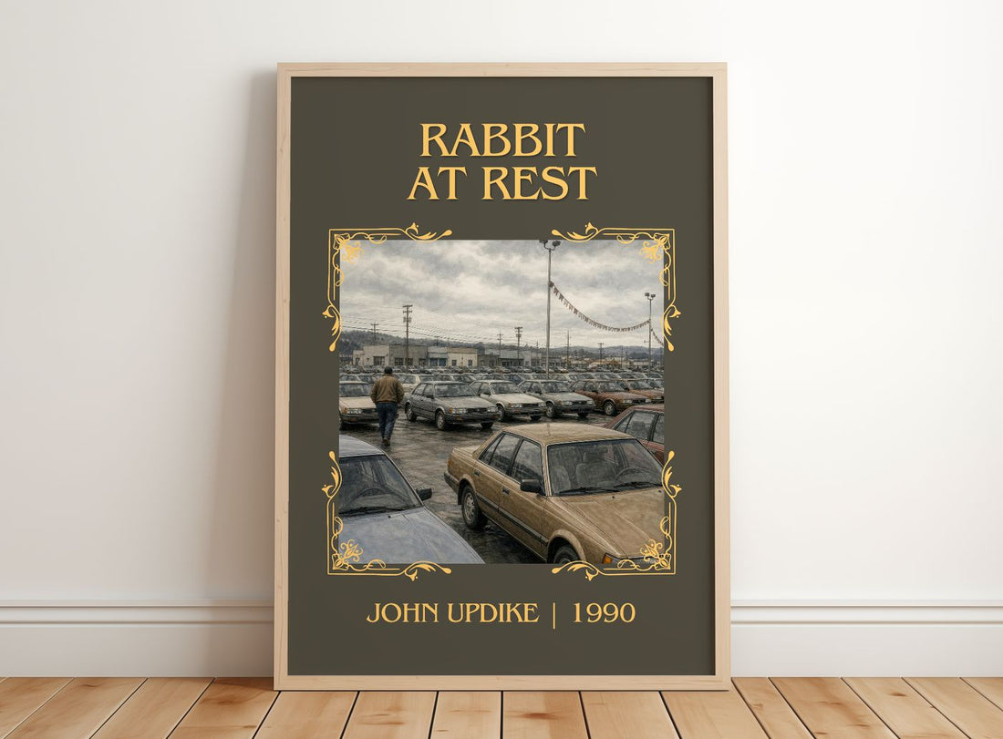 Rabbit at Rest Classic Book Art Print by John Updike – framed print leaning on a wooden floor